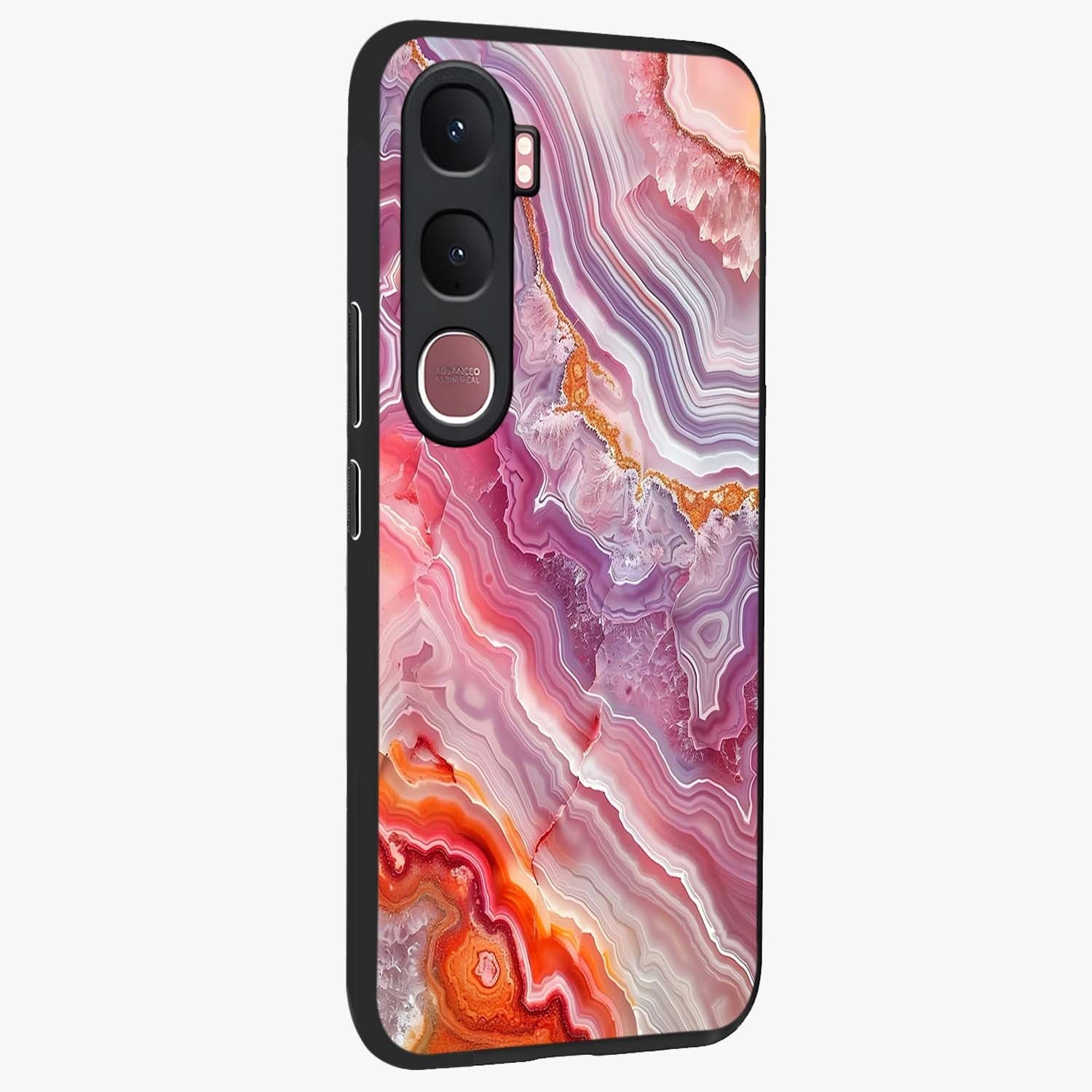 Rose Quartz Marble Glass Case upright view showcasing decorative marble artwork with luxurious pastel theme.