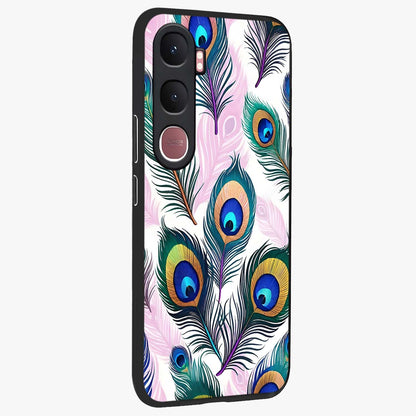 Royal Peacock Feathers Glass Case upright view showcasing elegant peacock feather artwork with decorative royal theme.