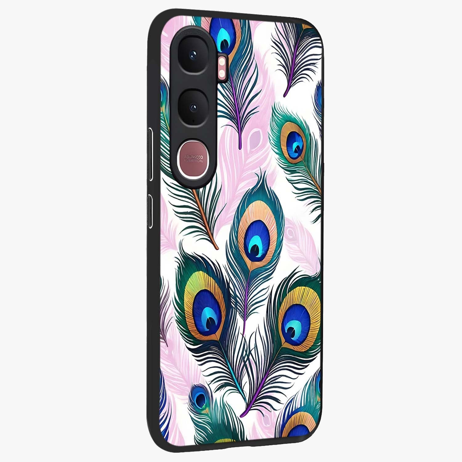 Royal Peacock Feathers Glass Case upright view showcasing elegant peacock feather artwork with decorative royal theme.