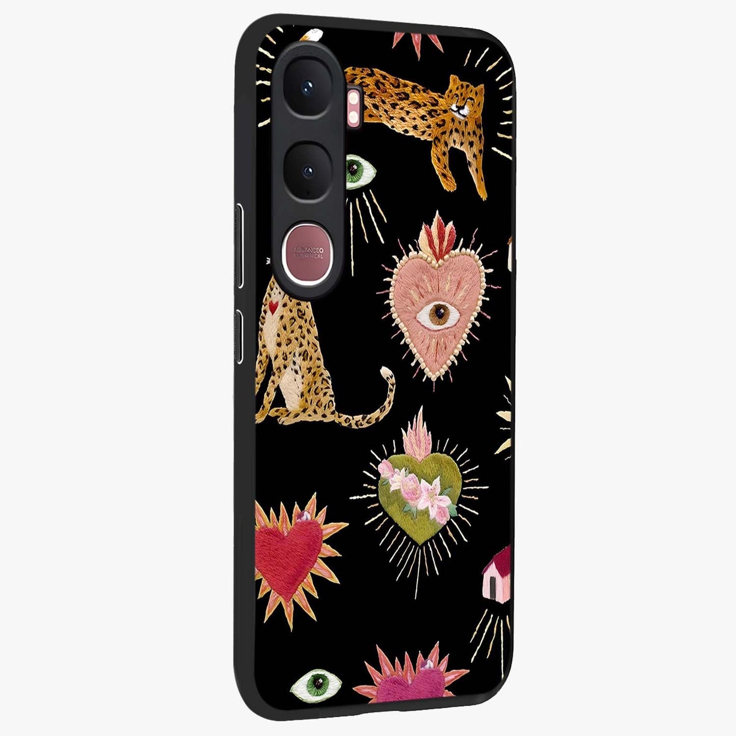 Sacred Jungle Heart Glass Case upright view showcasing vibrant jungle artwork with symbolic heart theme.