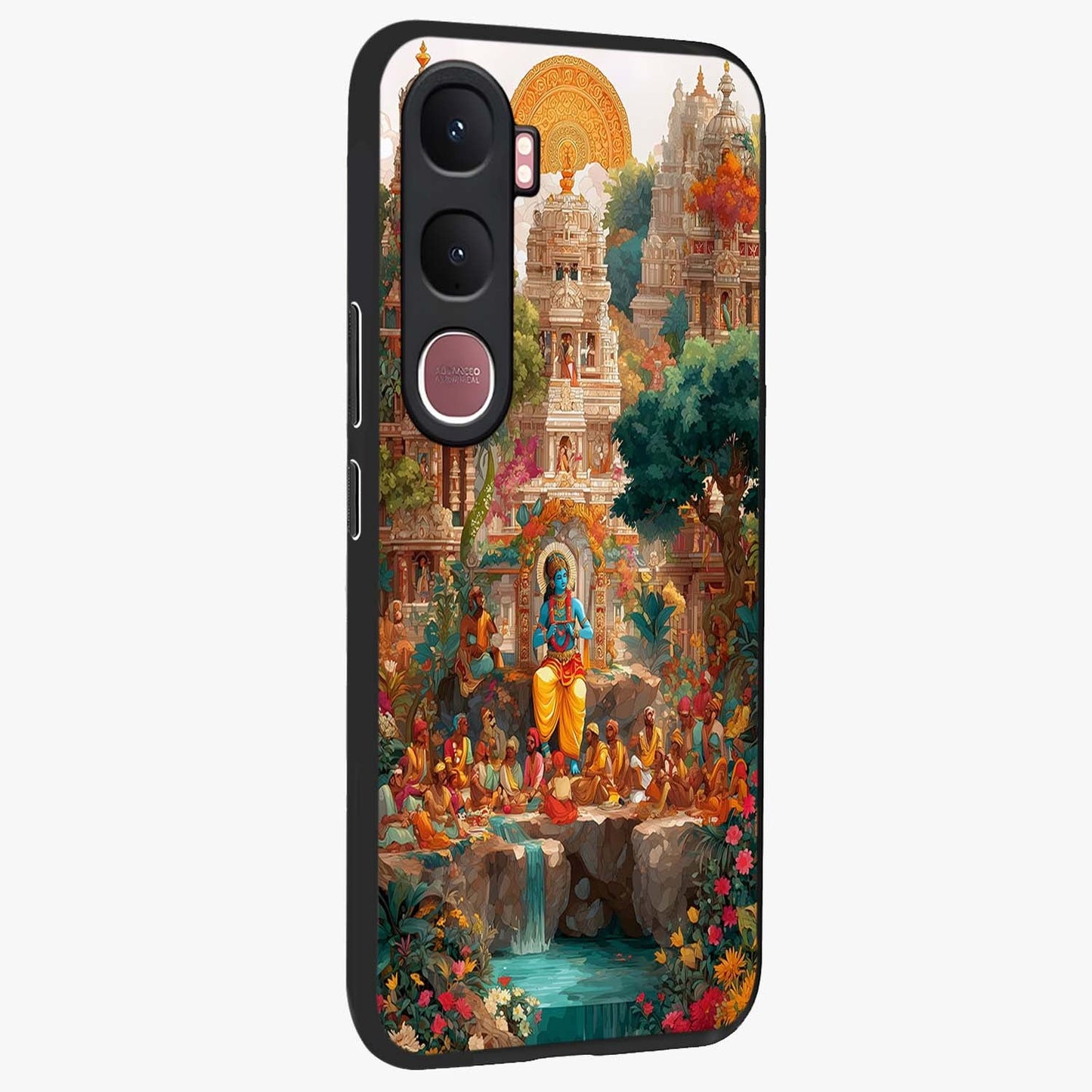 Sacred Sunlight Gods Glass Case upright view showcasing glowing divine artwork with sacred mythological theme.