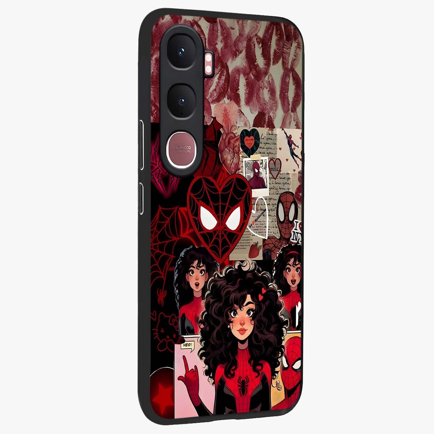 Spider Love Story Glass Case upright view showcasing charming superhero artwork with romantic comic theme.