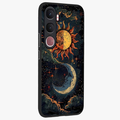 Sun And Moon Magic Design Glass Case upright view showcasing decorative sun and moon artwork with spiritual celestial theme.
