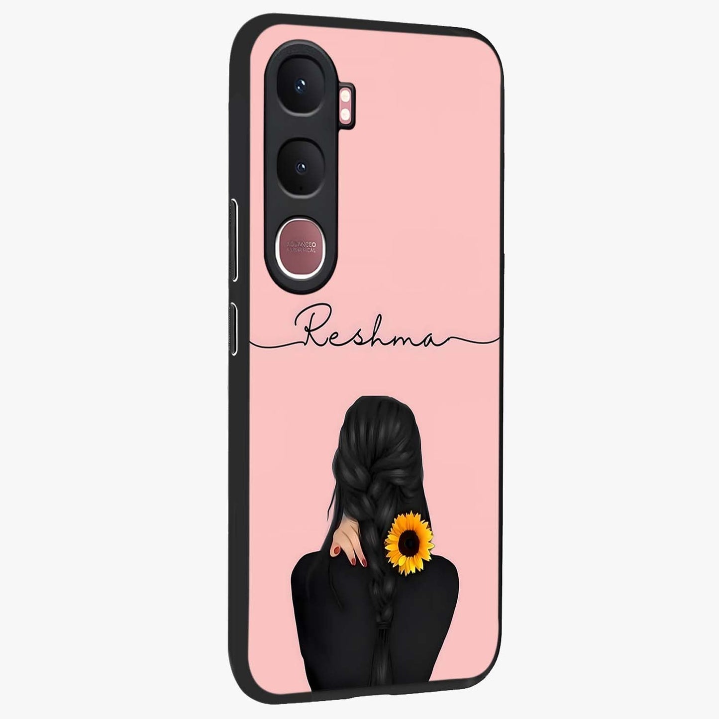 Sunflower Braid Beauty With Custom Name Glass Case upright view showcasing bright sunflower artwork with personalized floral aesthetic.