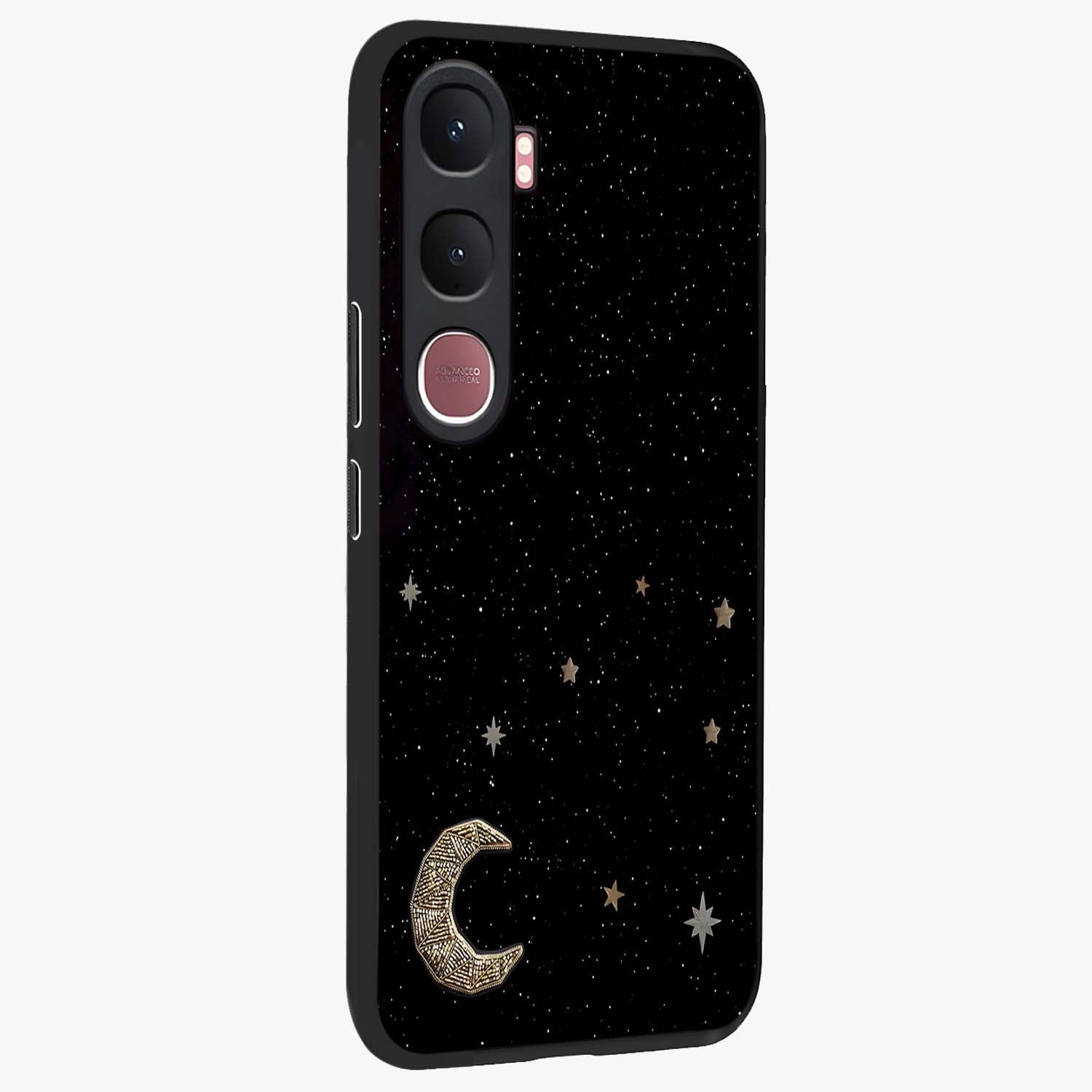 Twinkle Star With Half Moon Glass Case upright view showcasing glowing cosmic artwork with dreamy night theme.