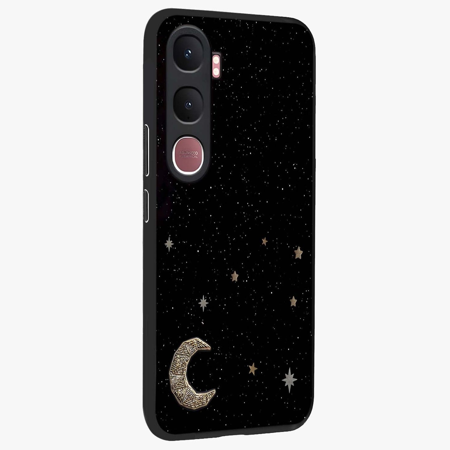 Twinkle Star With Half Moon Glass Case upright view showcasing glowing cosmic artwork with dreamy night theme.