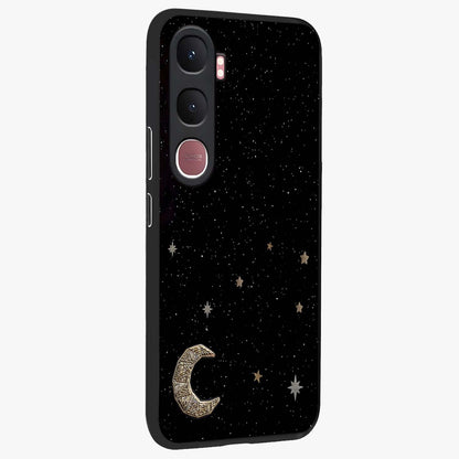 Twinkle Star With Half Moon Glass Case upright view showcasing glowing cosmic artwork with dreamy night theme.