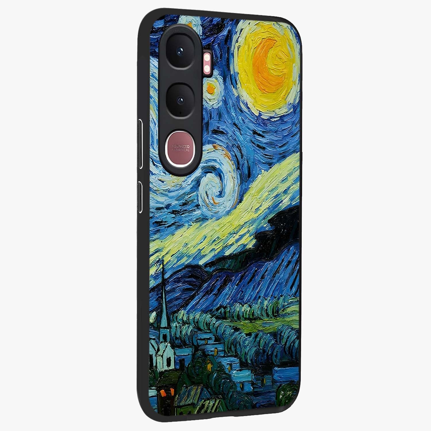 Van Gogh Art Glass Case upright view showcasing expressive painting style artwork with timeless artistic theme.