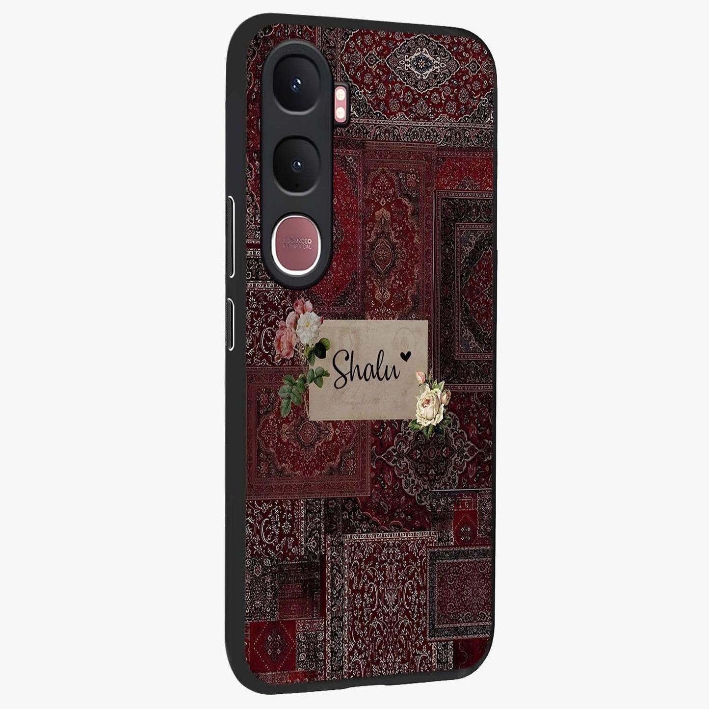 Velvet Wine Pattern Custom Name Glass Case upright view showcasing luxurious wine toned artwork with personalized aesthetic.
