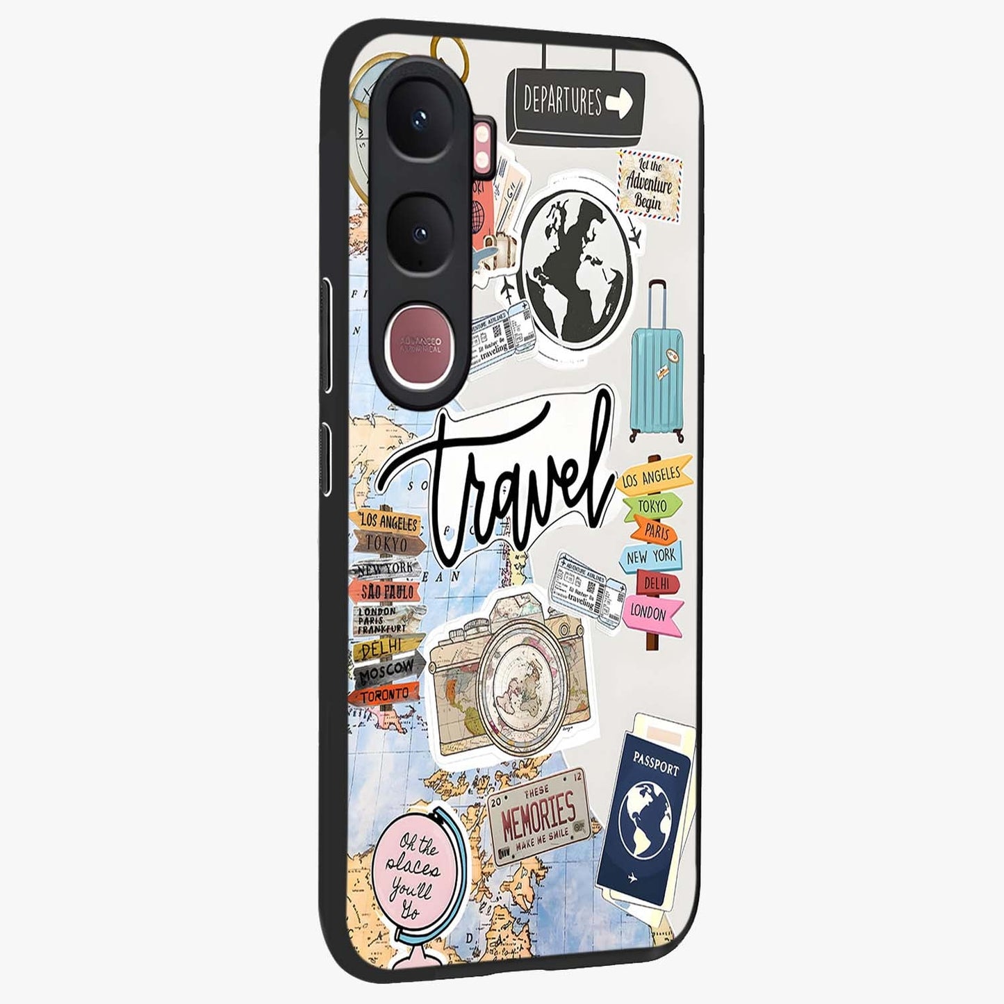 Wanderlust Journal Glass Case upright view showcasing wanderlust inspired artwork with creative exploration theme.