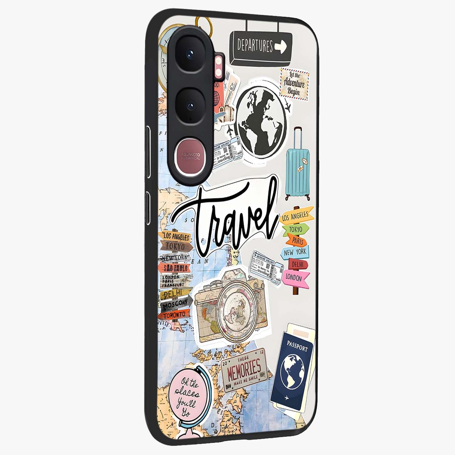 Wanderlust Journal Glass Case upright view showcasing wanderlust inspired artwork with creative exploration theme.