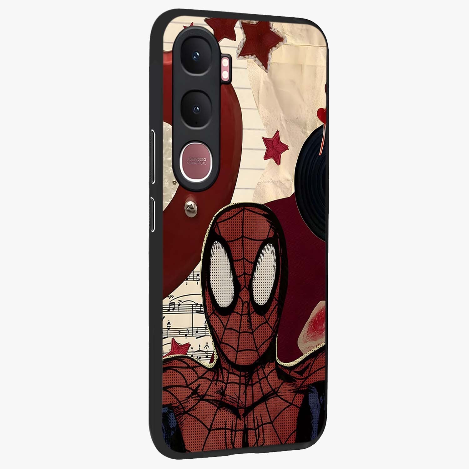 Web Warrior Vibes Glass Case upright view showcasing energetic superhero artwork with bold action theme.