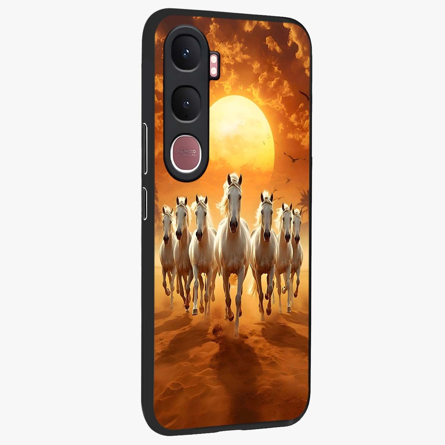 Wild Sunset Majesty Glass Case upright view showcasing dramatic sunset artwork with bold nature theme.