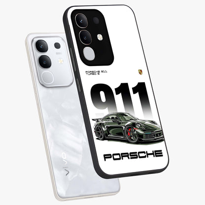 911 Turbo Dominance Glass Case displayed in premium angled mockup highlighting sporty car illustration and sleek glass surface.