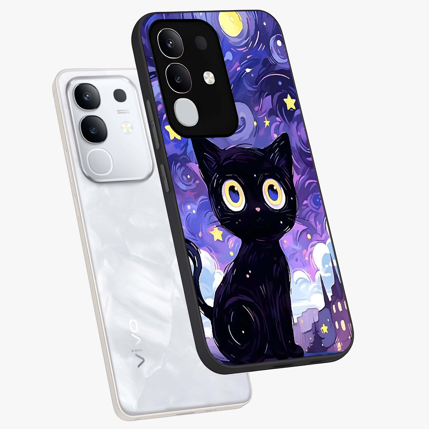 Abstract Cat Art Glass Case displayed in angled mockup highlighting modern abstract cat artwork and sleek glass surface.