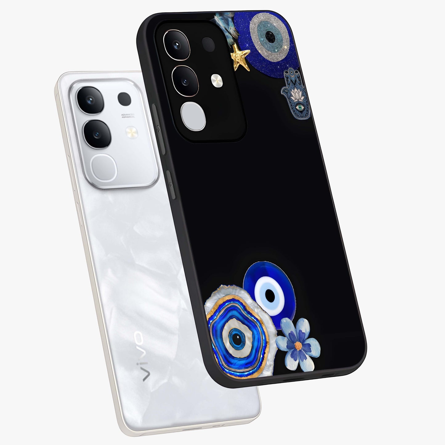Aesthetic Blue Evil Eye Glass Case displayed in angled mockup highlighting blue evil eye symbol and spiritual aesthetic design.