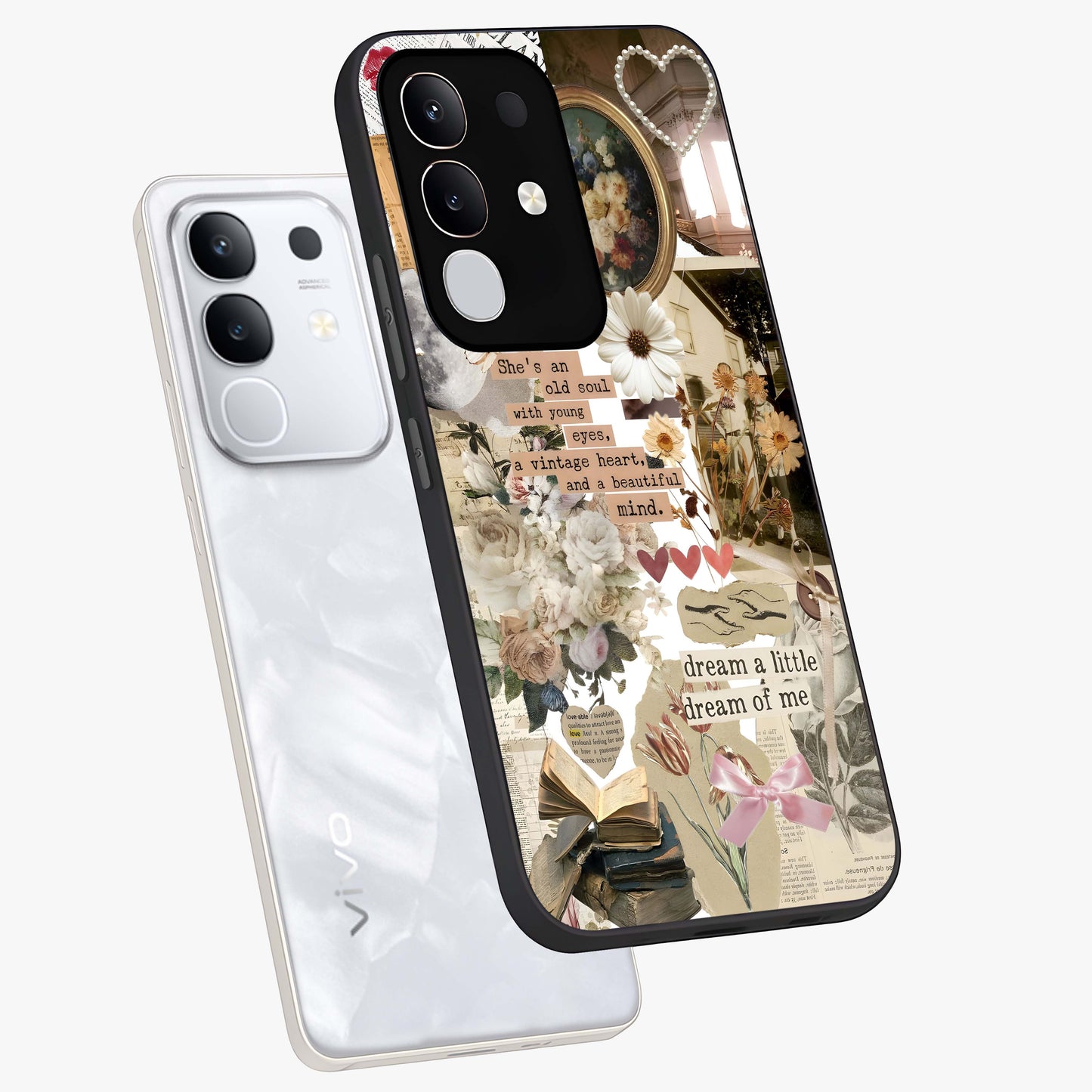 Aesthetic Brown Vintage Collage Glass Case displayed in angled mockup highlighting vintage aesthetic collage design.