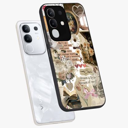 Aesthetic Brown Vintage Collage Glass Case displayed in angled mockup highlighting vintage aesthetic collage design.