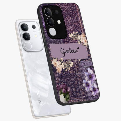 Antique Floral Whisper Custom Name Glass Case displayed in angled mockup highlighting elegant antique floral aesthetic.