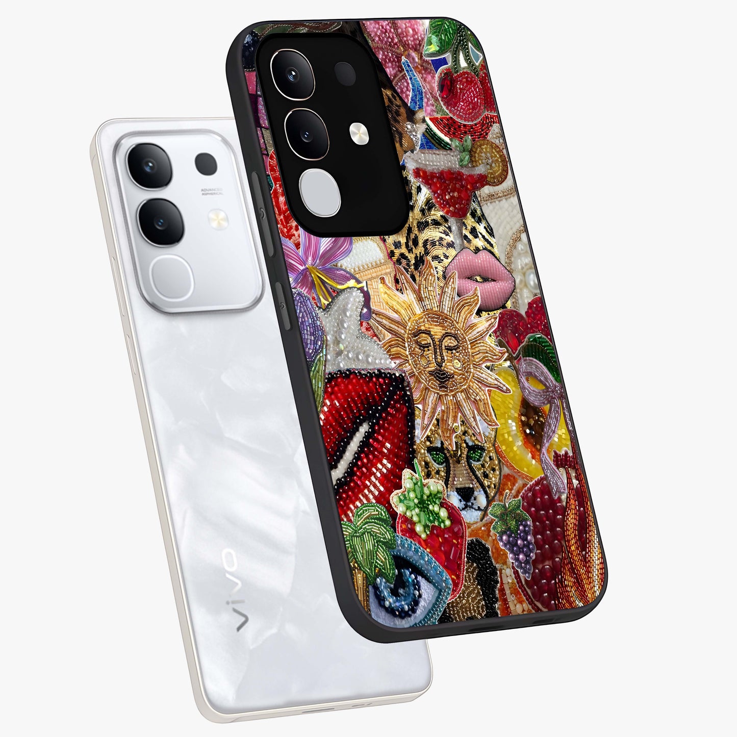 Beaded Fashion Jungle Glass Case displayed in angled mockup highlighting colorful fashion bead design and artistic pattern.