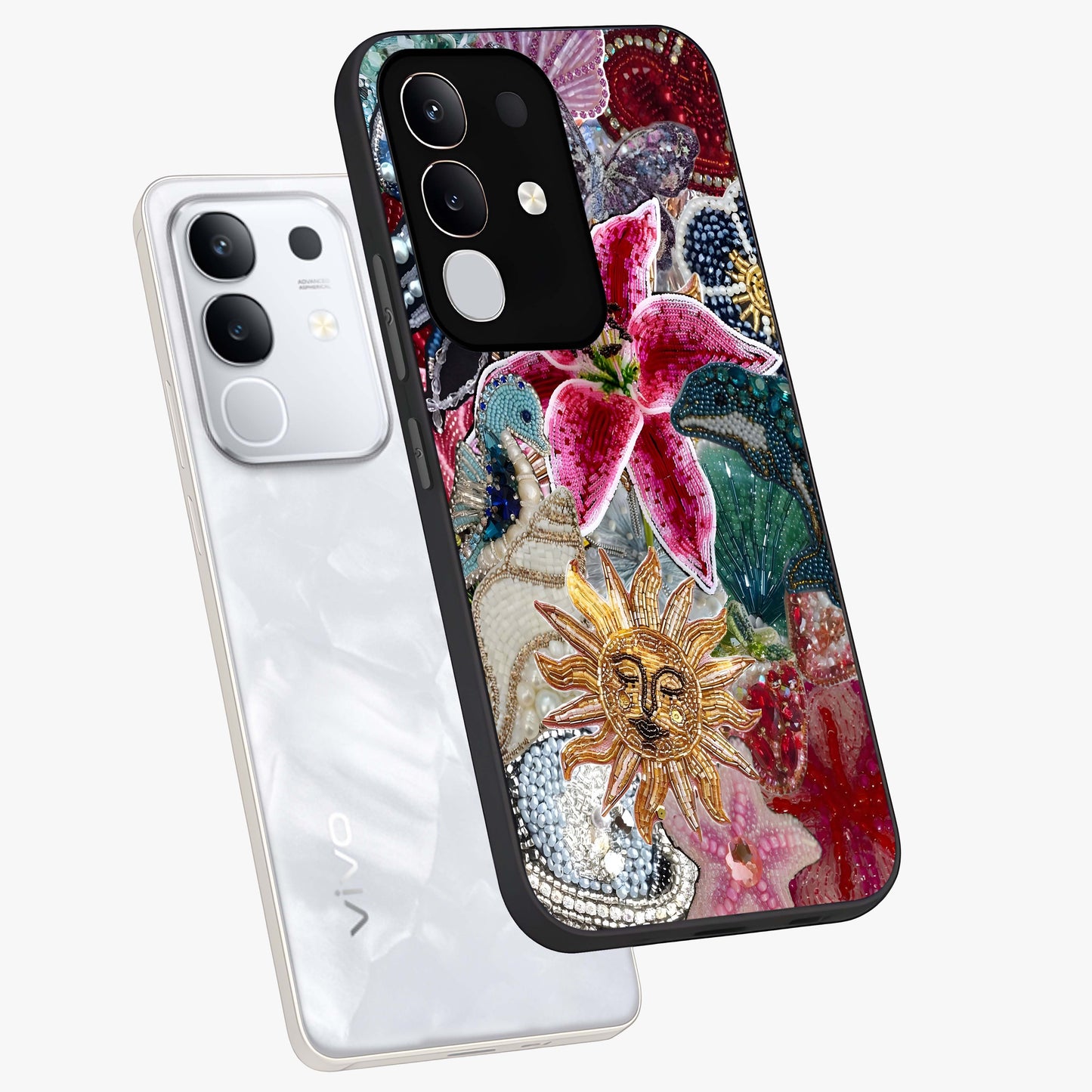 Beaded Garden Fantasy Glass Case displayed in angled mockup highlighting fantasy inspired floral bead pattern.