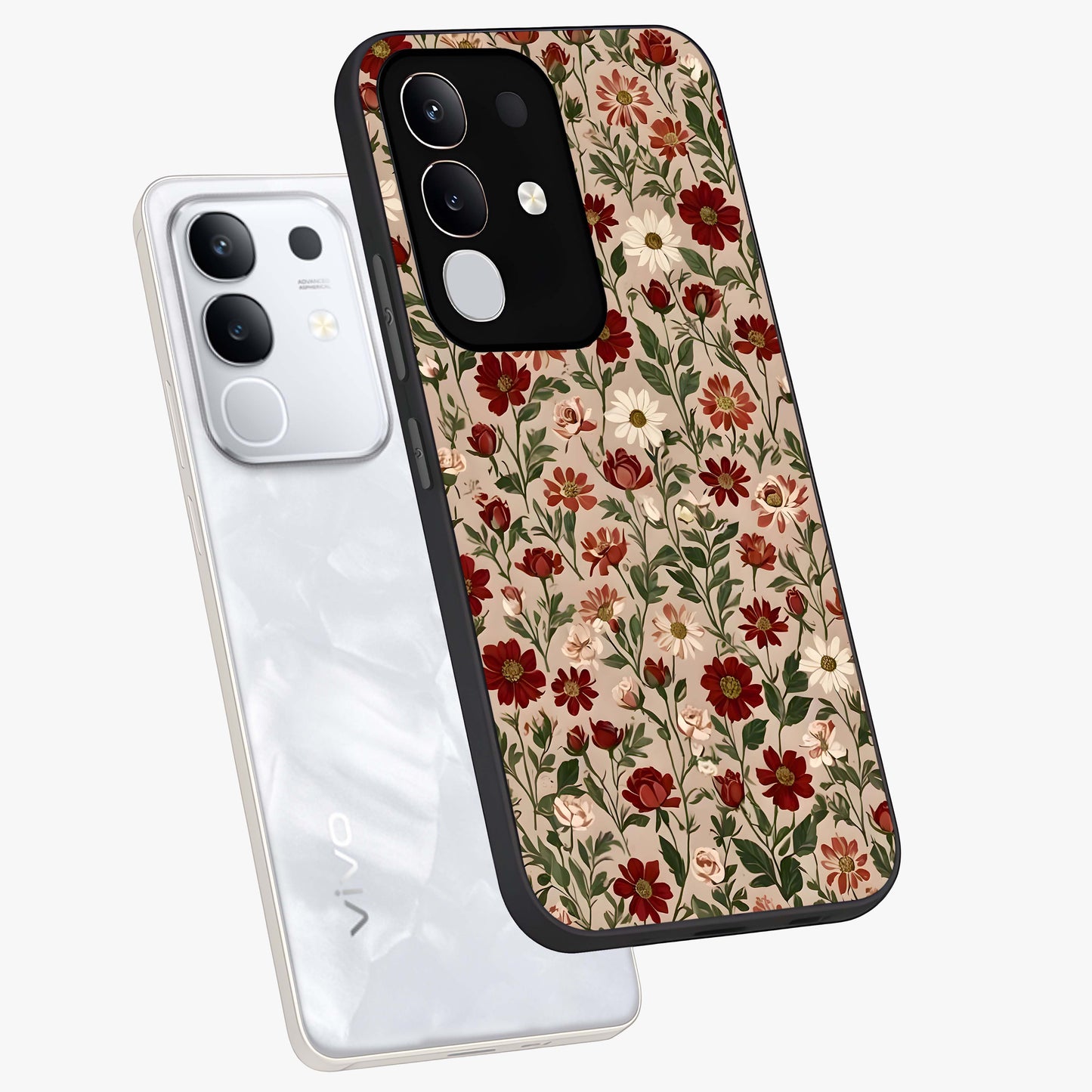Biege Flower With Leaf Glass Case displayed in angled mockup highlighting minimal floral leaf design and elegant aesthetic.