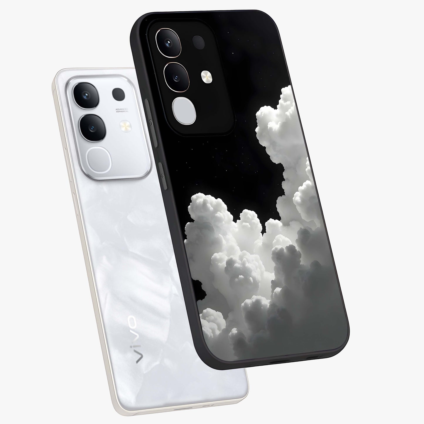 Black Background With White Cloud Glass Case displayed in angled mockup highlighting soft white cloud illustration and minimal design.