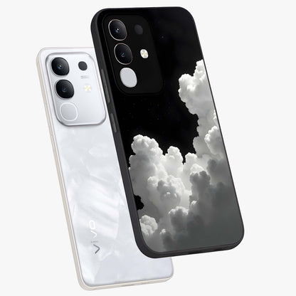 Black Background With White Cloud Glass Case displayed in angled mockup highlighting soft white cloud illustration and minimal design.