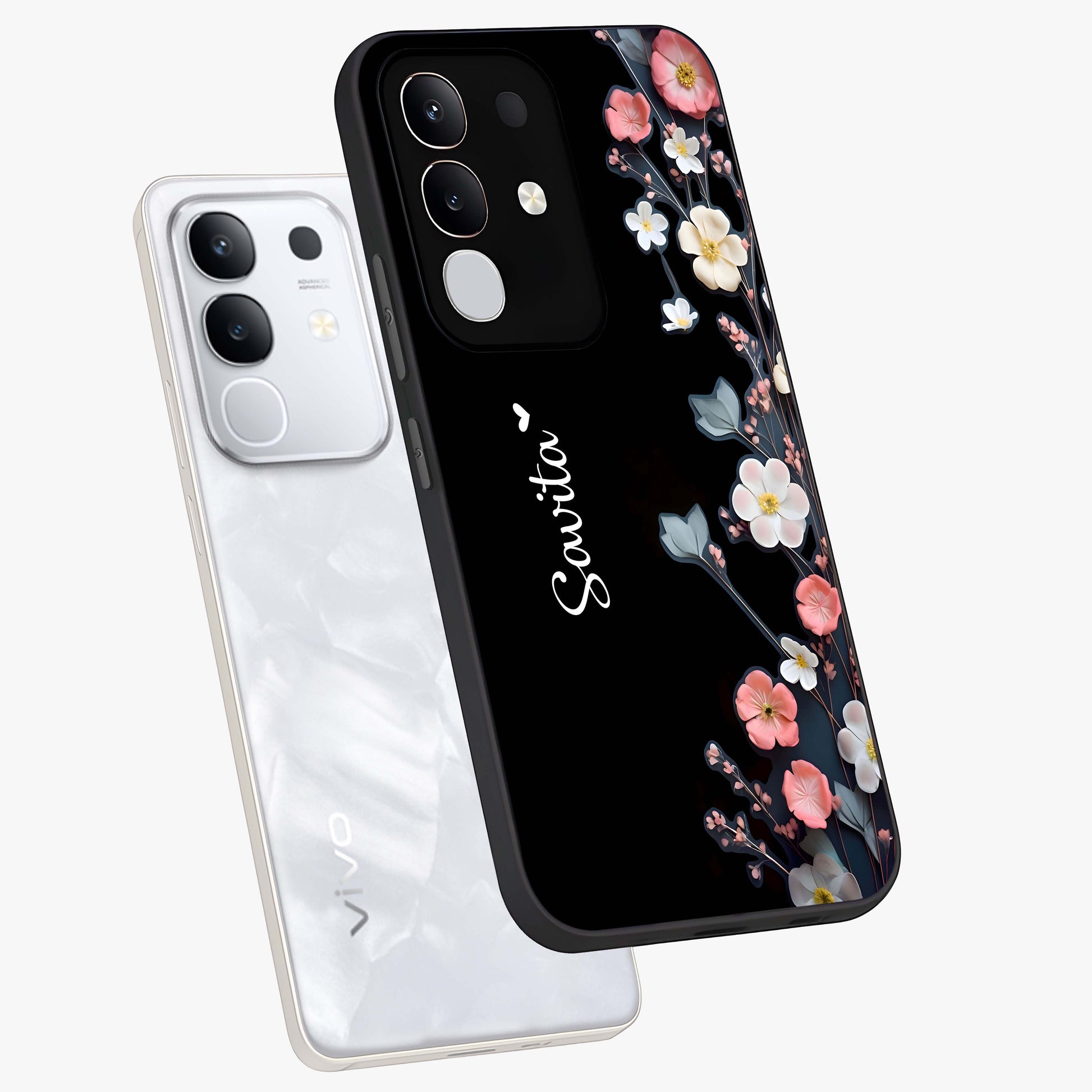 Black Elegance Floral Custom Name Glass Case displayed in angled mockup highlighting dark floral aesthetic and custom name feature.