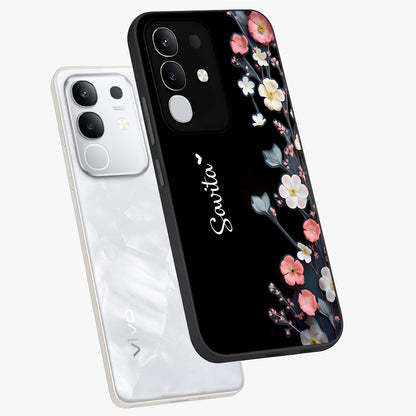 Black Elegance Floral Custom Name Glass Case displayed in angled mockup highlighting dark floral aesthetic and custom name feature.