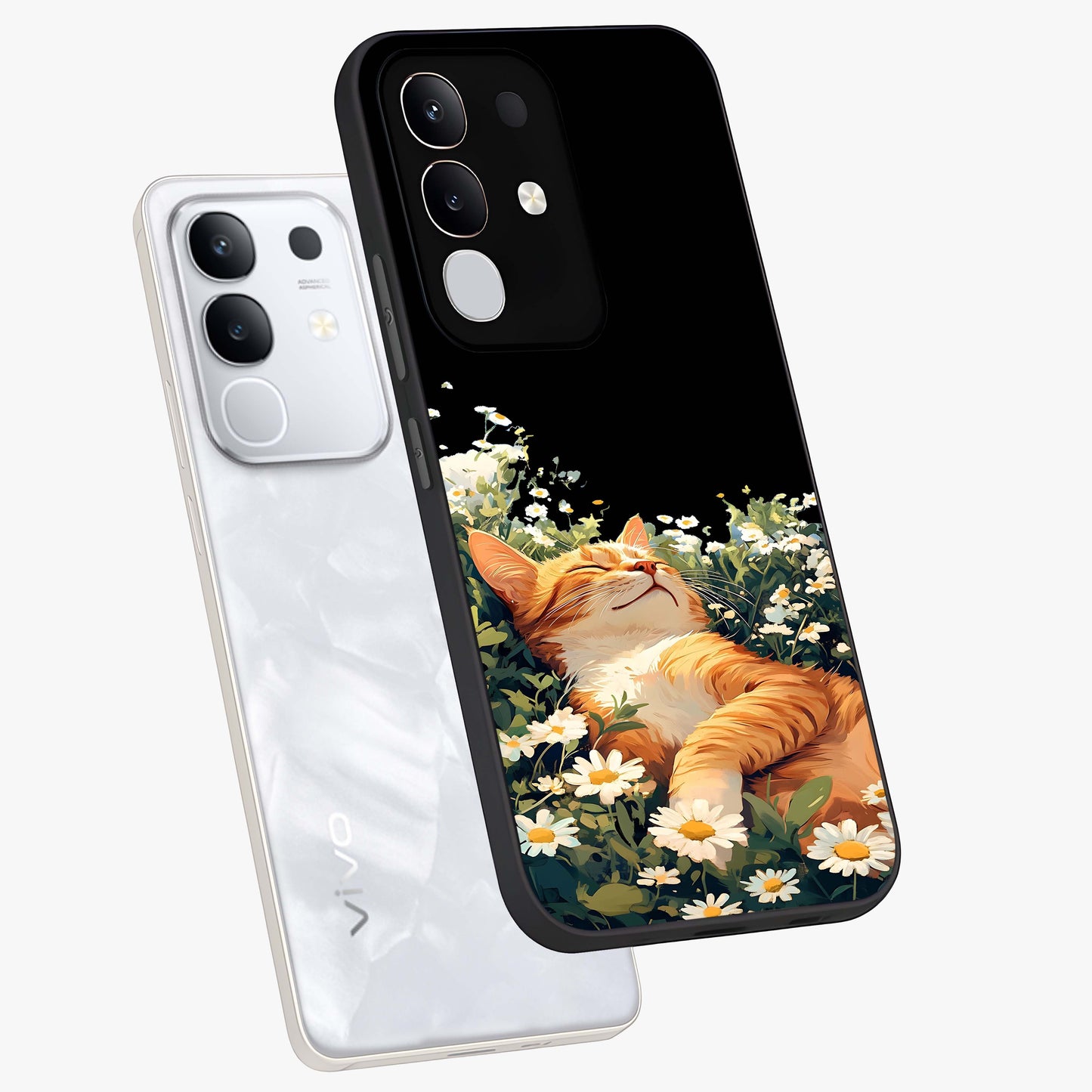 Blissful Bloom Cat Glass Case displayed in angled mockup highlighting playful feline illustration with soft floral aesthetic.
