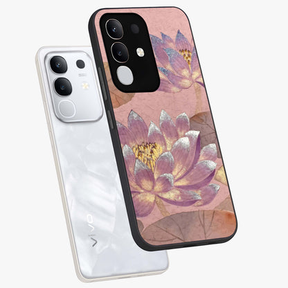 Blossom Mist Lotus Glass Case displayed in angled mockup highlighting delicate lotus illustration with calm aesthetic theme.