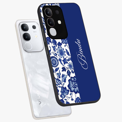 Blue Vintage Floral Pattern Glass Case displayed in angled mockup highlighting subtle bloom pattern with aesthetic pastel design.
