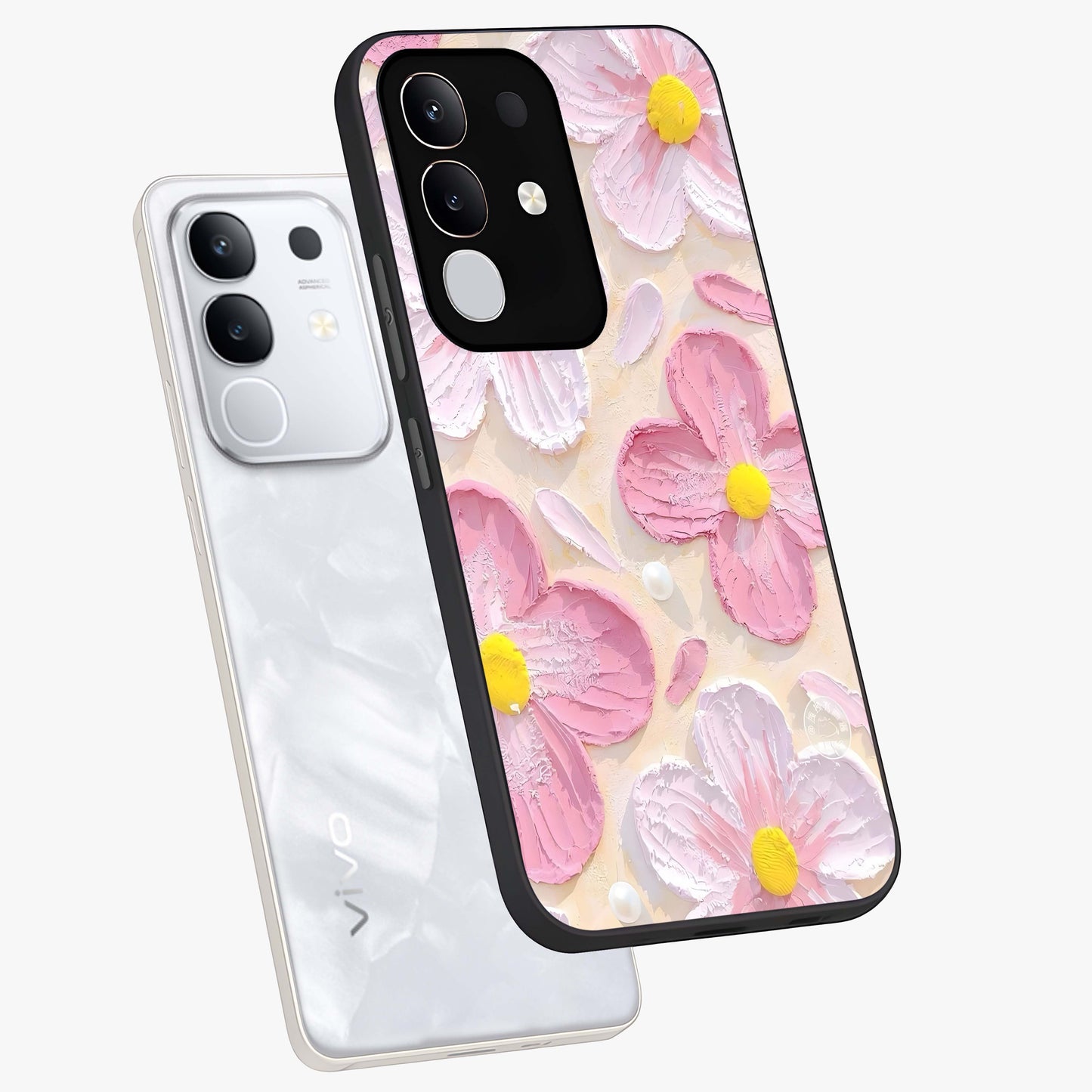 Blush Bloom Texture Glass Case displayed in angled mockup highlighting subtle bloom pattern with aesthetic pastel design.