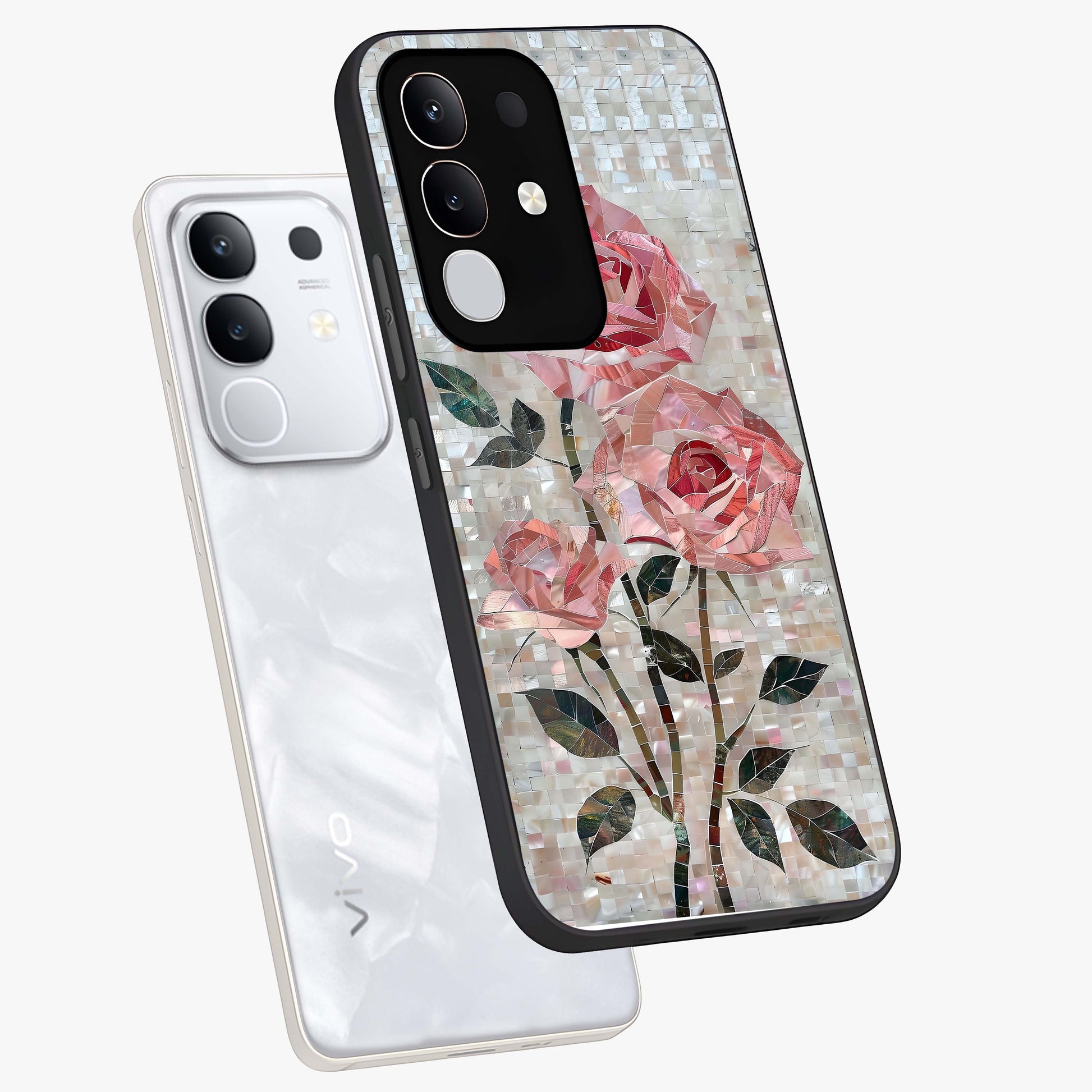 Blush Mosaic Bloom Glass Case displayed in angled mockup highlighting artistic mosaic flower pattern with aesthetic design.