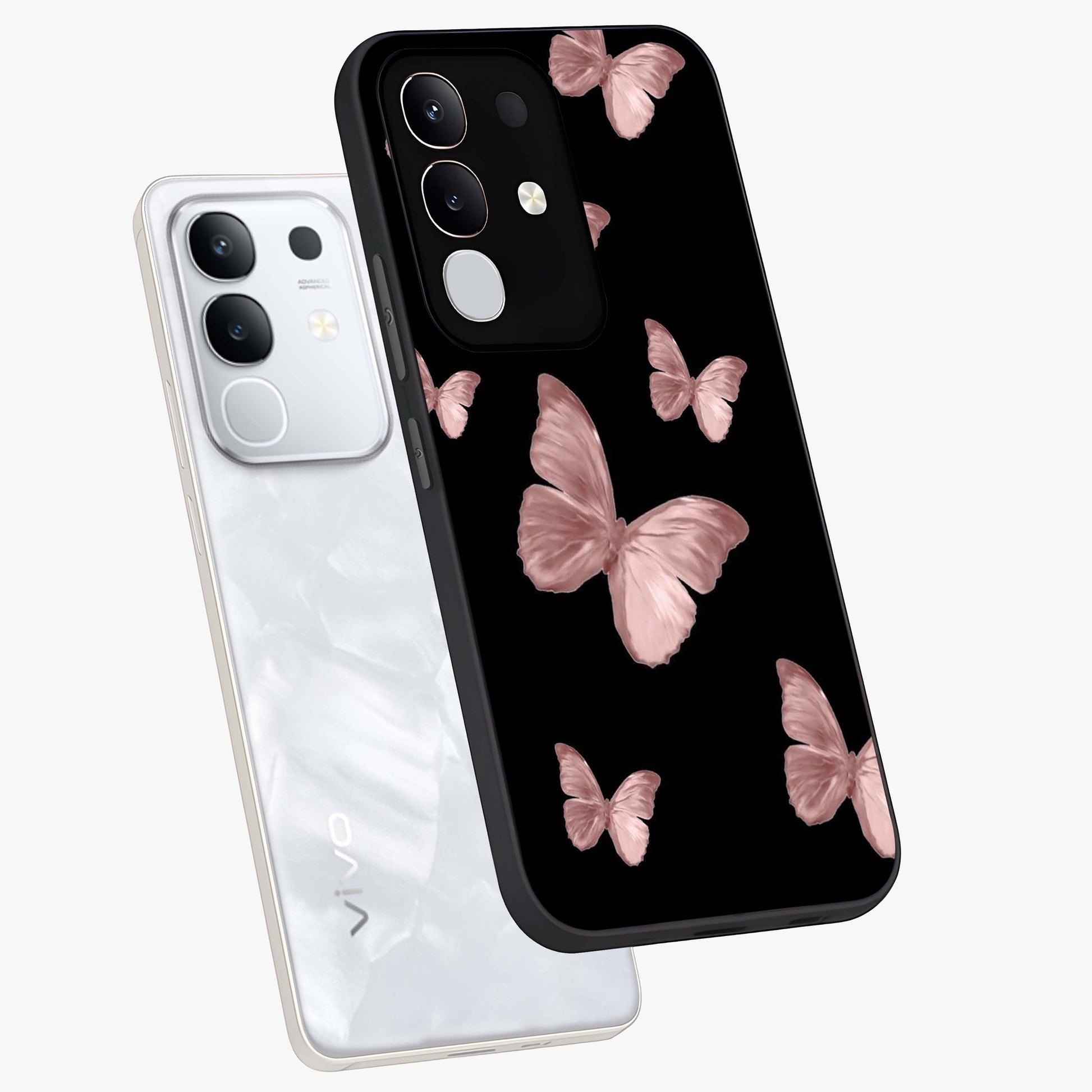 Butterfly Pattern Glass Case displayed in angled mockup highlighting delicate butterfly design and aesthetic pattern style.