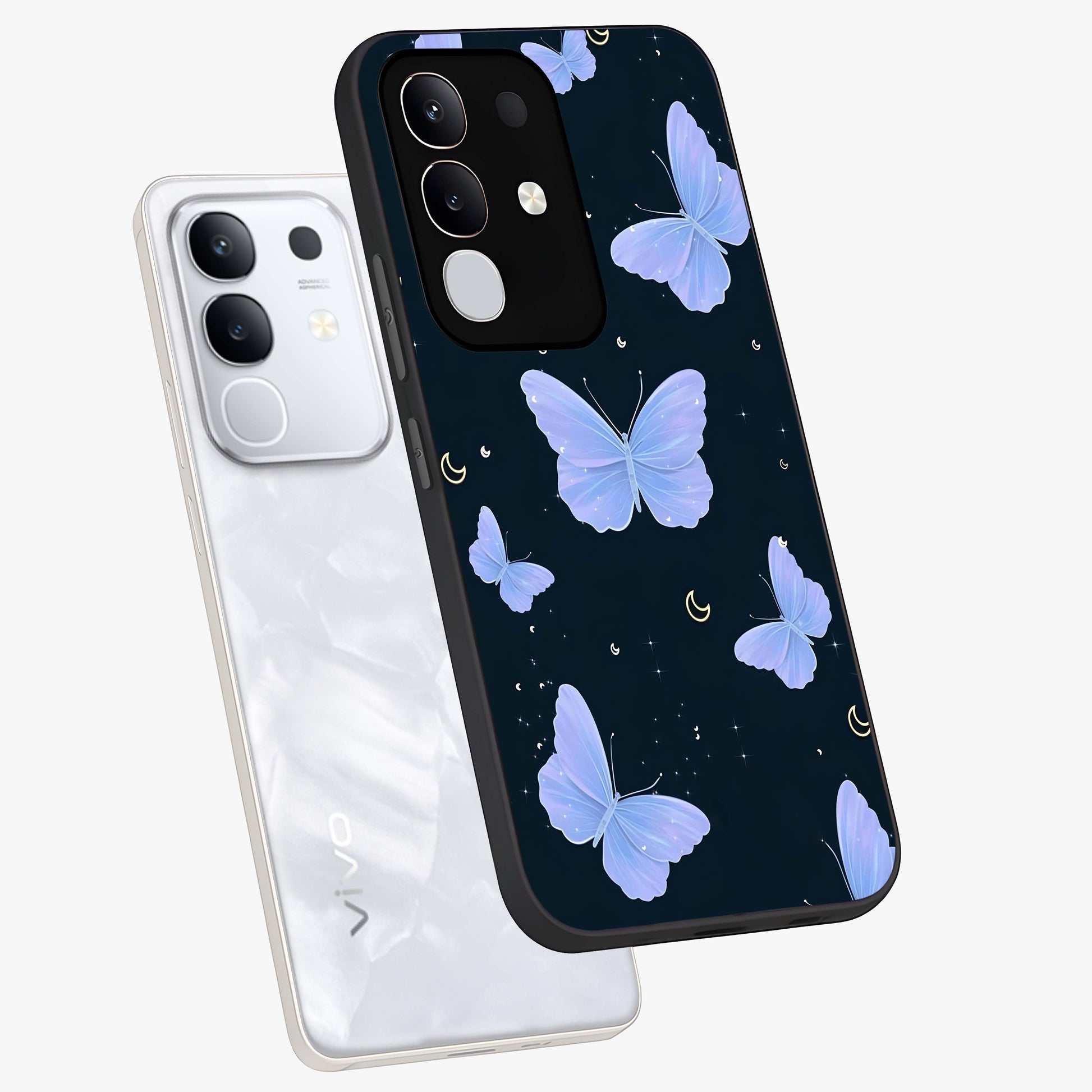 Butterfly With Stars Pattern Glass Case displayed in angled mockup highlighting dreamy butterfly and star design with aesthetic theme.