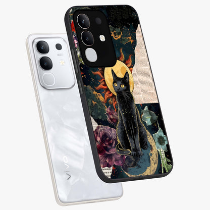Celestial Black Cat Glass Case displayed in angled mockup highlighting cosmic black cat design with celestial aesthetic.