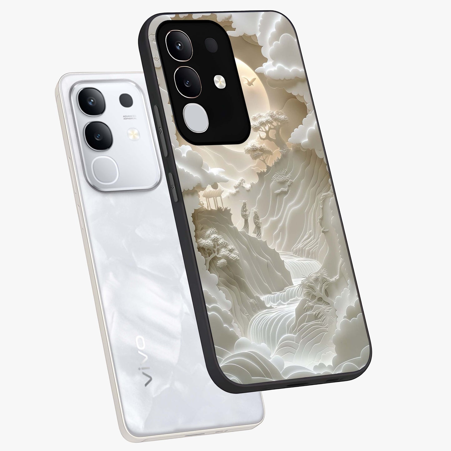 Celestial Origami Glass Case displayed in angled mockup highlighting geometric origami design with cosmic aesthetic theme.