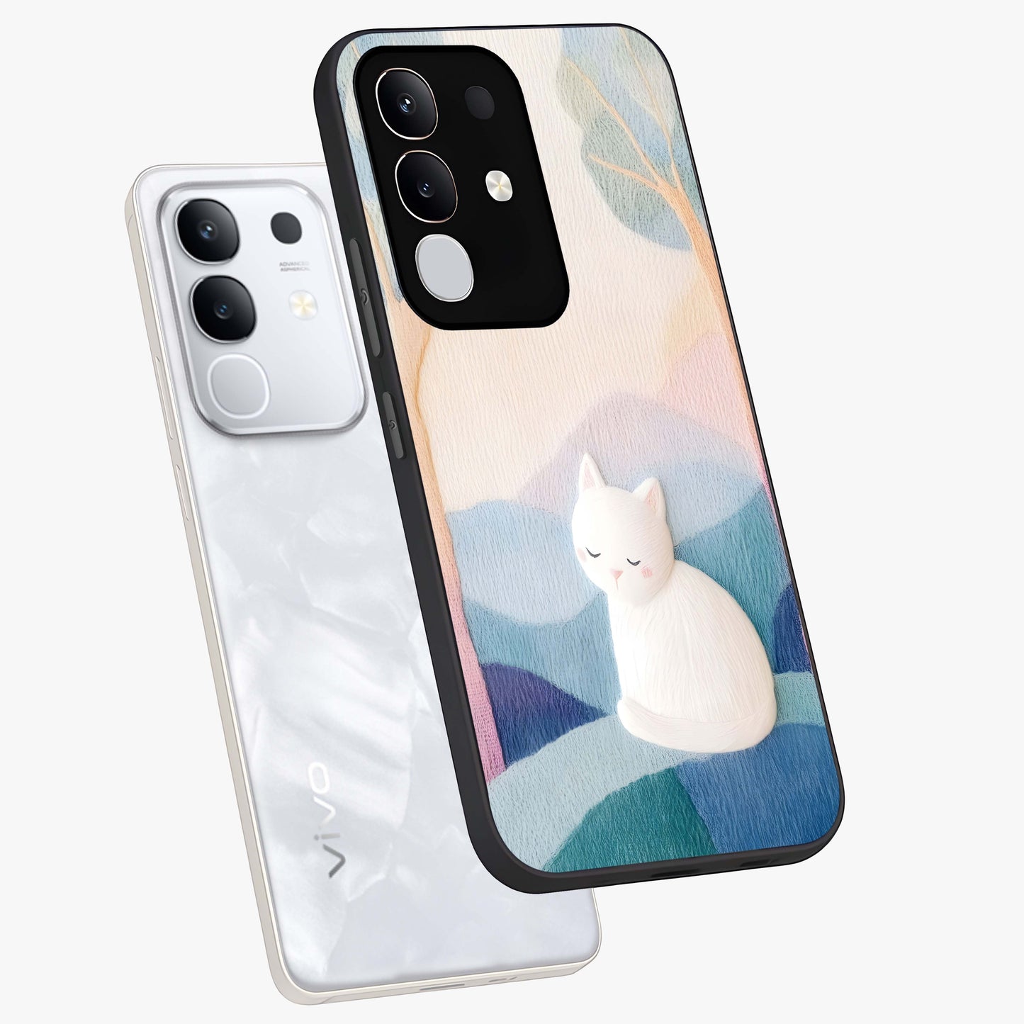 Cotton Dream Cat Glass Case displayed in angled mockup highlighting cute feline illustration with pastel aesthetic style.