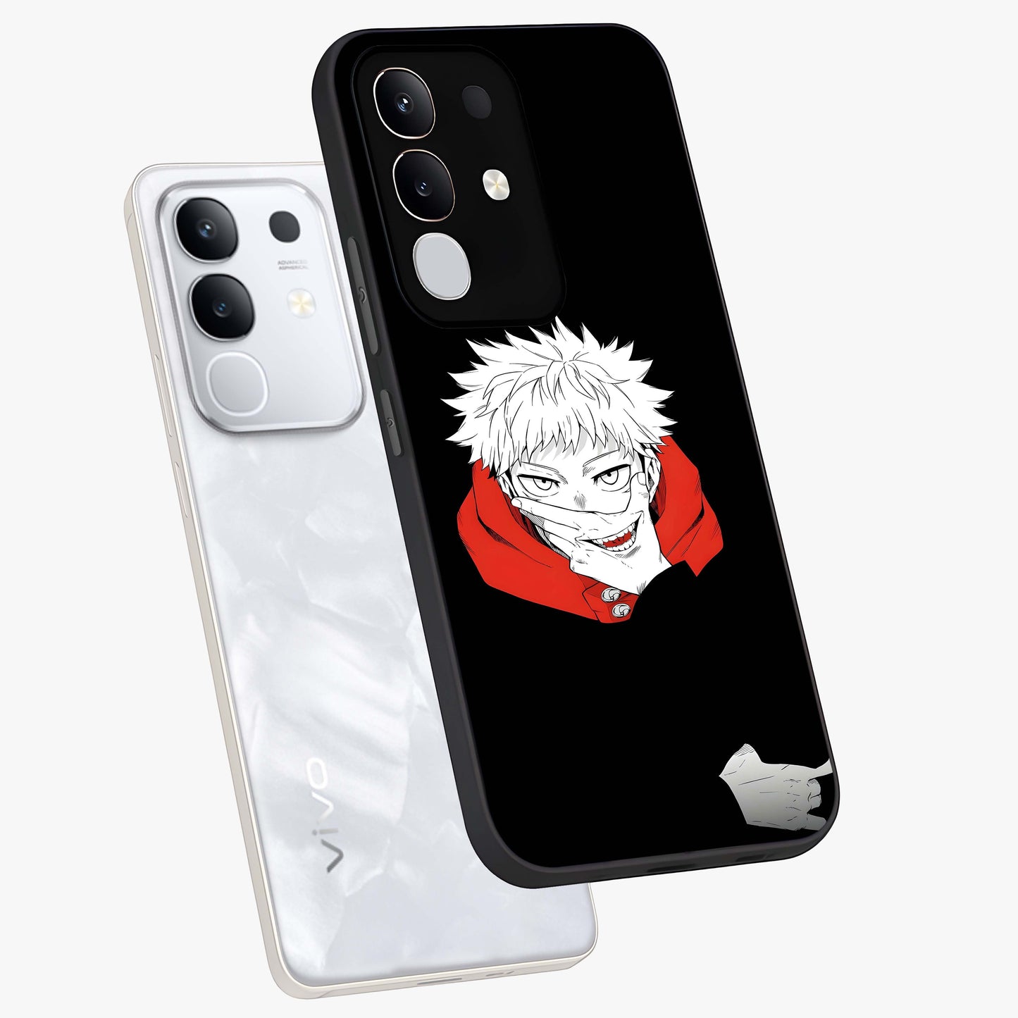 Crimson Chaos Smile Glass Case displayed in angled mockup highlighting edgy crimson smile design with graphic aesthetic.