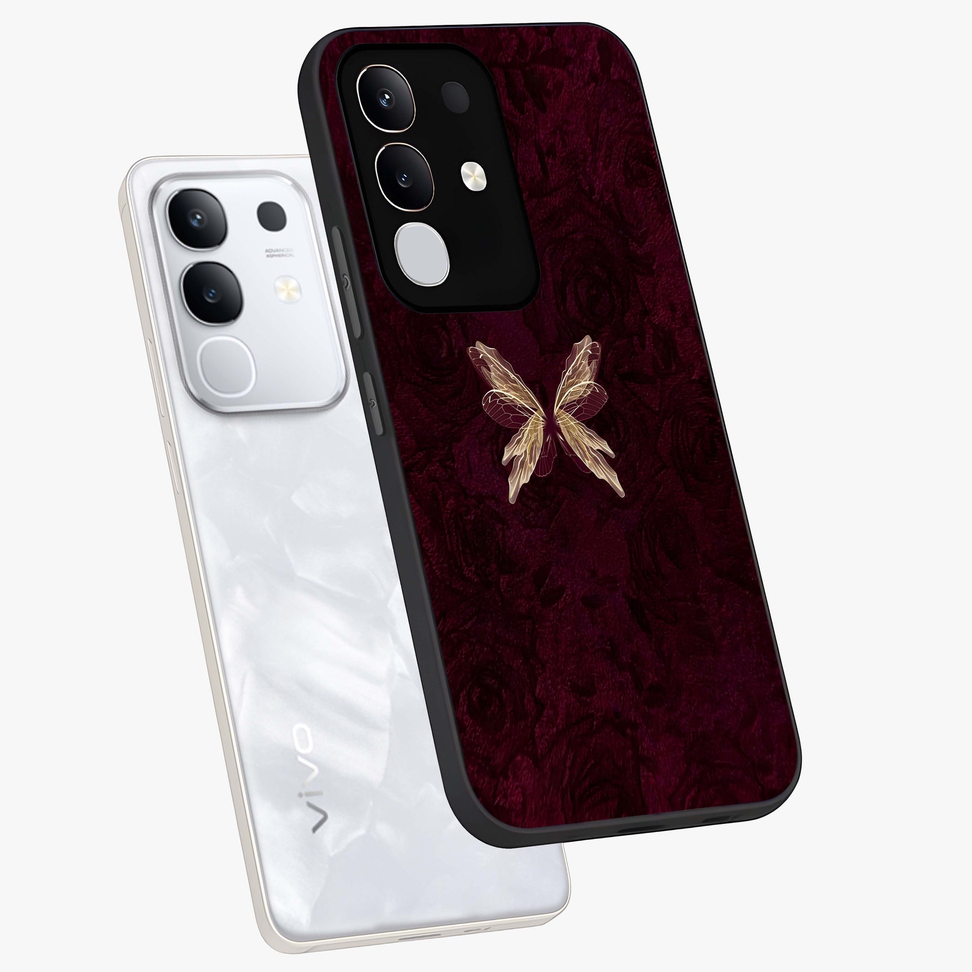 Crimson Fade Butterfly Glass Case displayed in angled mockup highlighting elegant butterfly design with crimson gradient aesthetic.