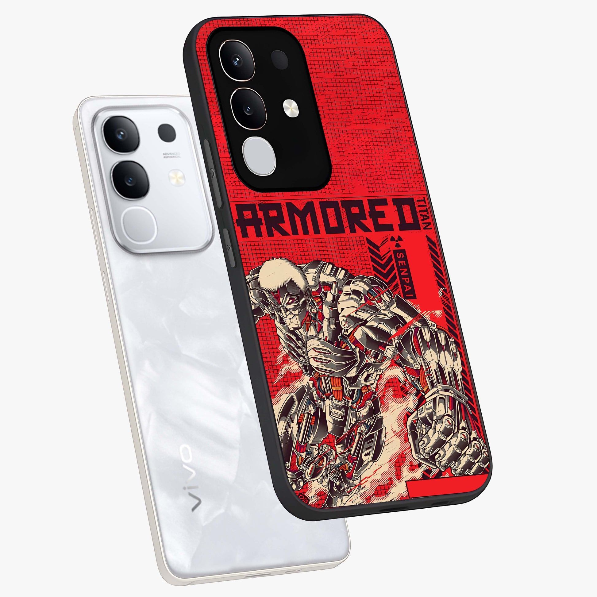 Crimson Mecha Titan Glass Case displayed in angled mockup highlighting futuristic mech illustration with bold crimson aesthetic.
