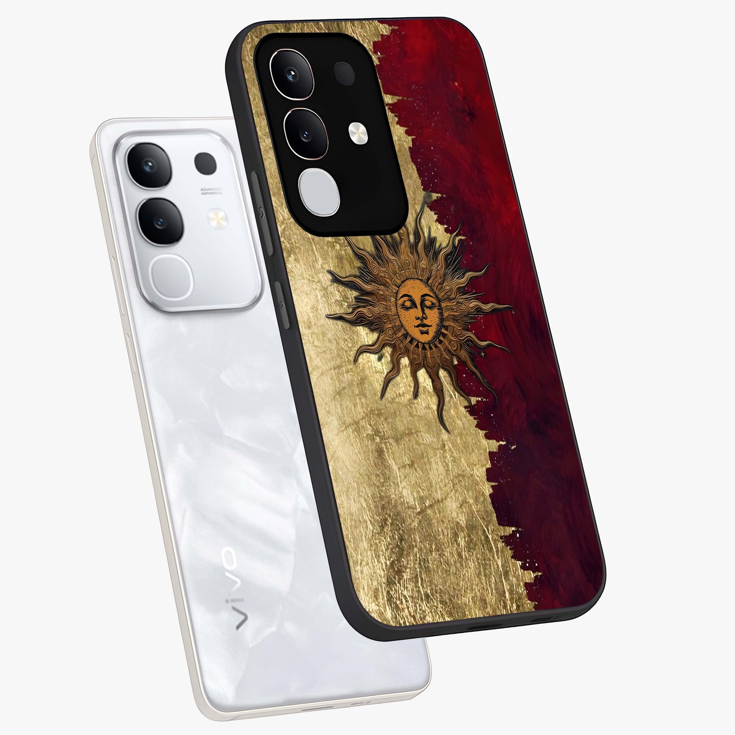 Crimson Sun Majesty Glass Case displayed in angled mockup highlighting majestic crimson sun design with bold aesthetic style.