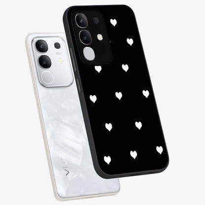 Cute And Simple White Hearts Glass Case displayed in angled mockup highlighting cute heart design with clean aesthetic style.