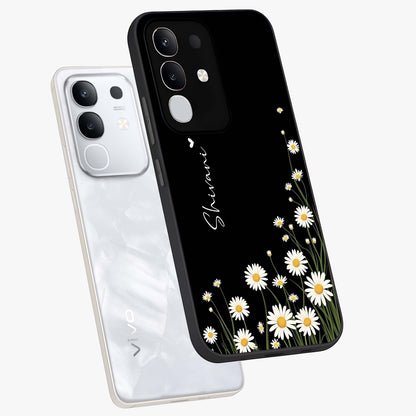 Daisy Cascade Custom Name Glass Case displayed in angled mockup highlighting delicate daisy artwork with custom name feature.