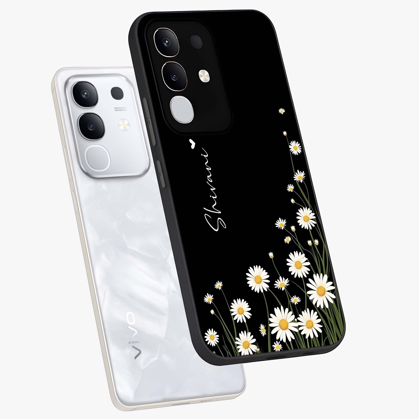 Daisy Cascade Custom Name Glass Case displayed in angled mockup highlighting delicate daisy artwork with custom name feature.