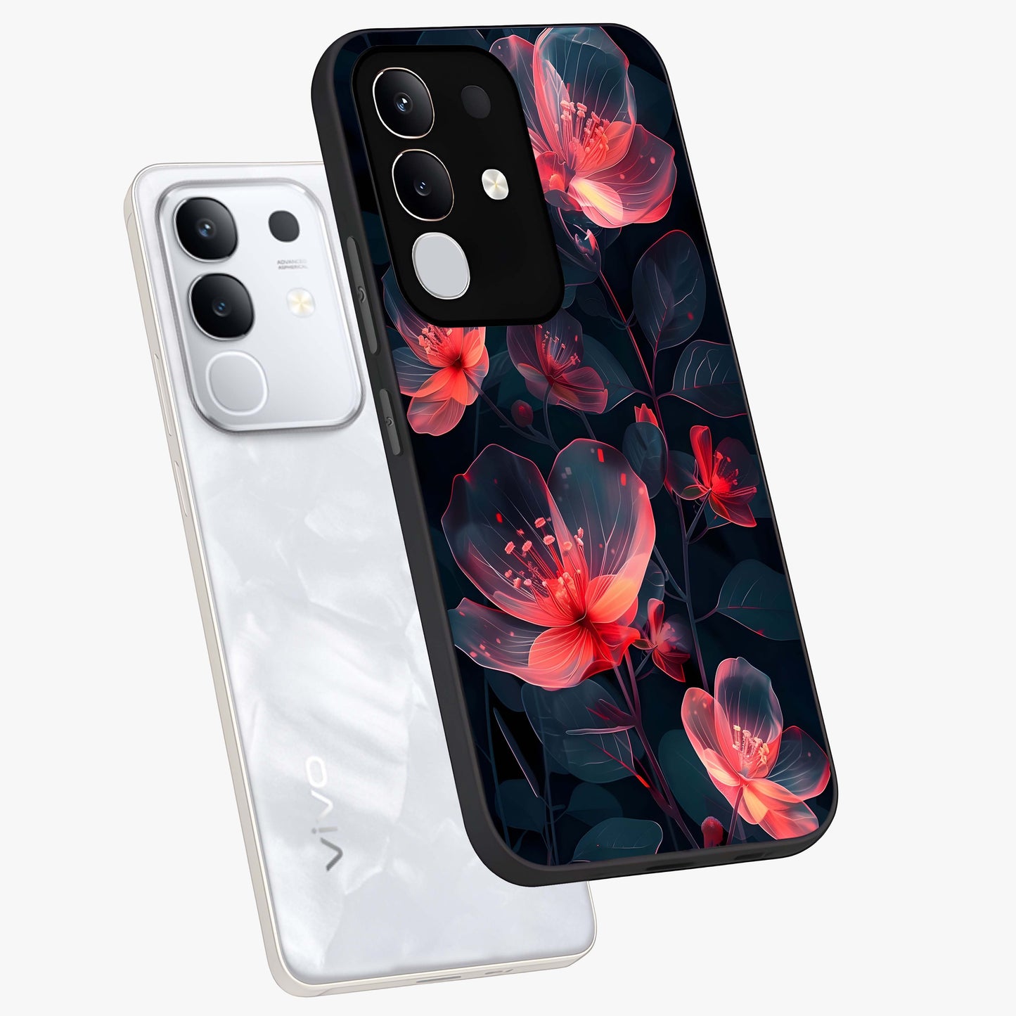 Dark Shade of Flower Glass Case displayed in angled mockup highlighting moody floral illustration with aesthetic dark tones.