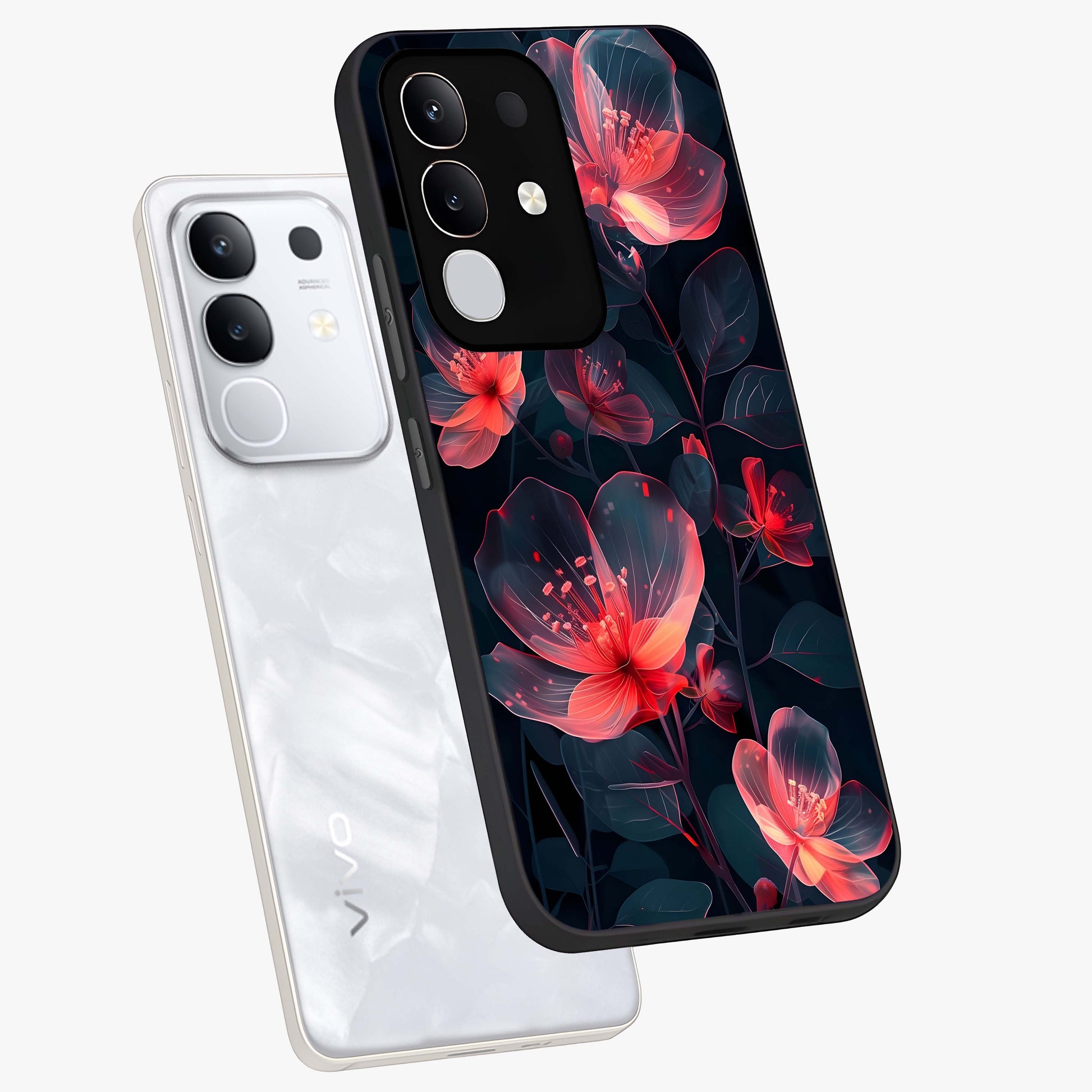 Dark Shade of Flower Glass Case displayed in angled mockup highlighting moody floral illustration with aesthetic dark tones.