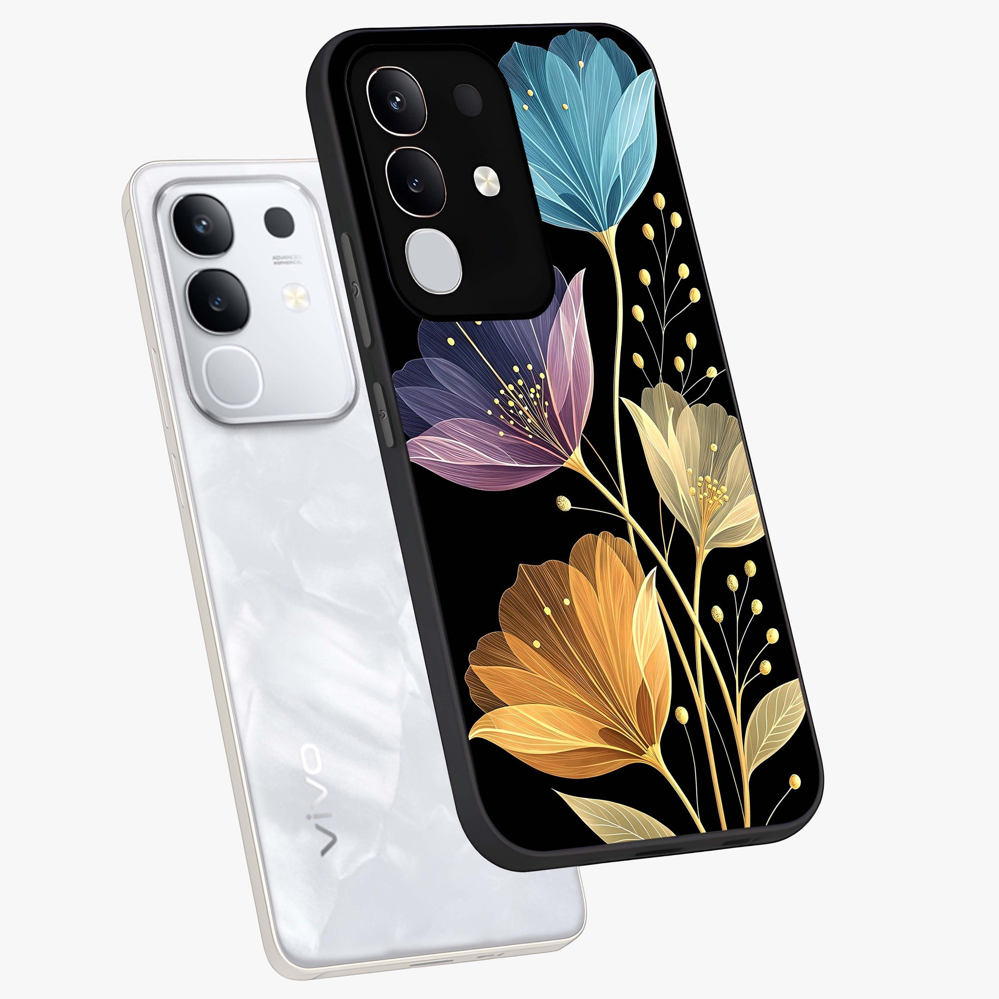 Delicate Multicolor Flowers Glass Case displayed in angled mockup highlighting colorful flower pattern with soft aesthetic style.